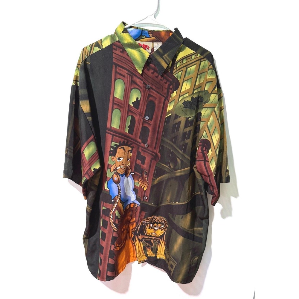 UP RO'S Art Graphic Button Shirt Y2K Graffiti Streetwear Hip Hop City Print XL